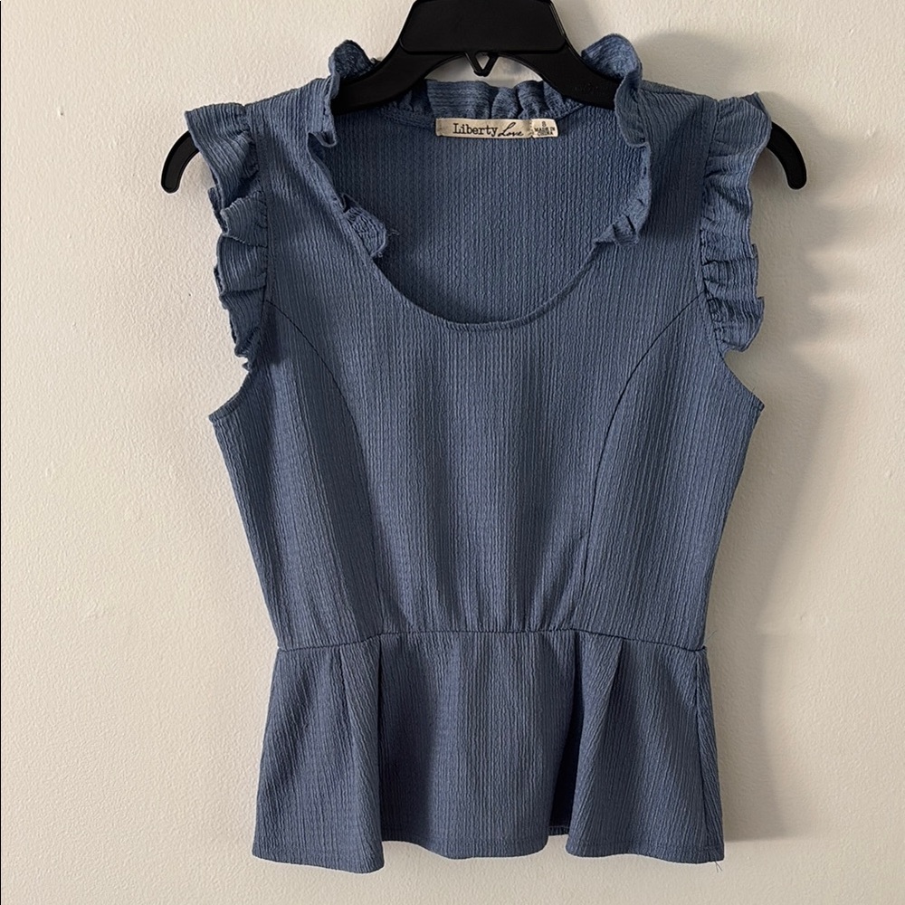 Liberty Love Blue Ruffle Sleeve Peplum Top